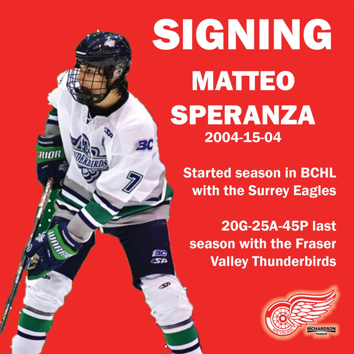 SINGING ANNOUNCEMENT:

The Red Wings are proud to welcome 2004 born forward Matteo Speranza to the team! Speranza played three games in the BCHL to start the year in Surrey!

#WeyburnRedWings #SJHL
