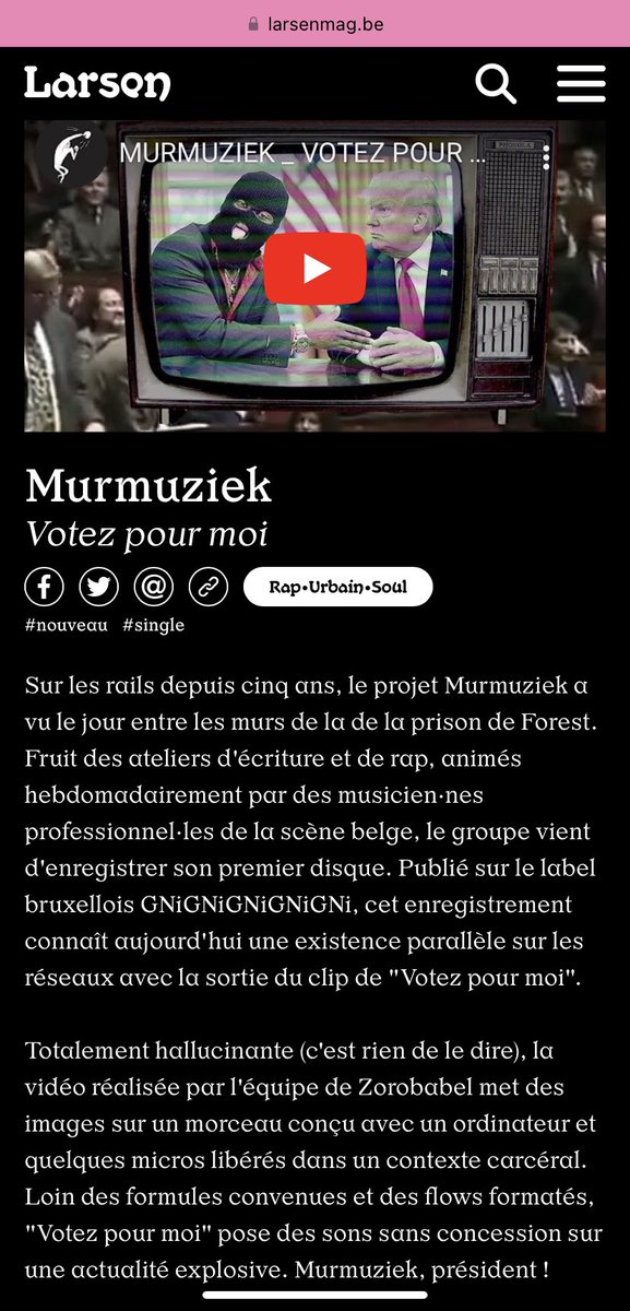 « (…) Loin des formules convenues et des flows formatés, "Votez pour moi" pose des sons sans concession sur une actualité explosive. Murmuziek, président ! »

VOTEZ POUR MOI de #Murmuziek dans la sélection de @LarsenMagazine !💥
