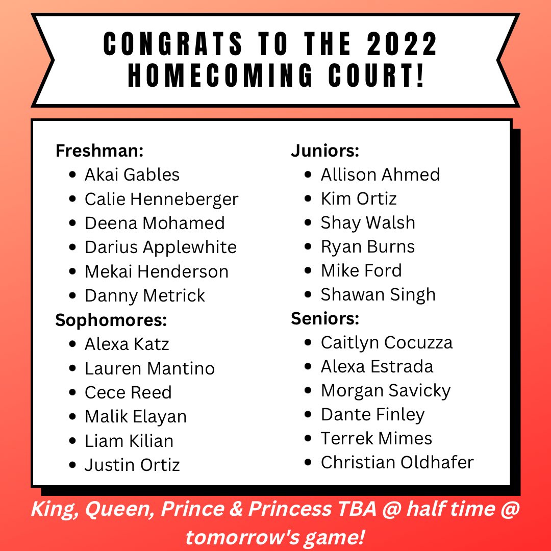 Congrats to our 2022 Homecoming Court! King, Queen, Prince and Princess will be announced at half time at tomorrow’s game!!