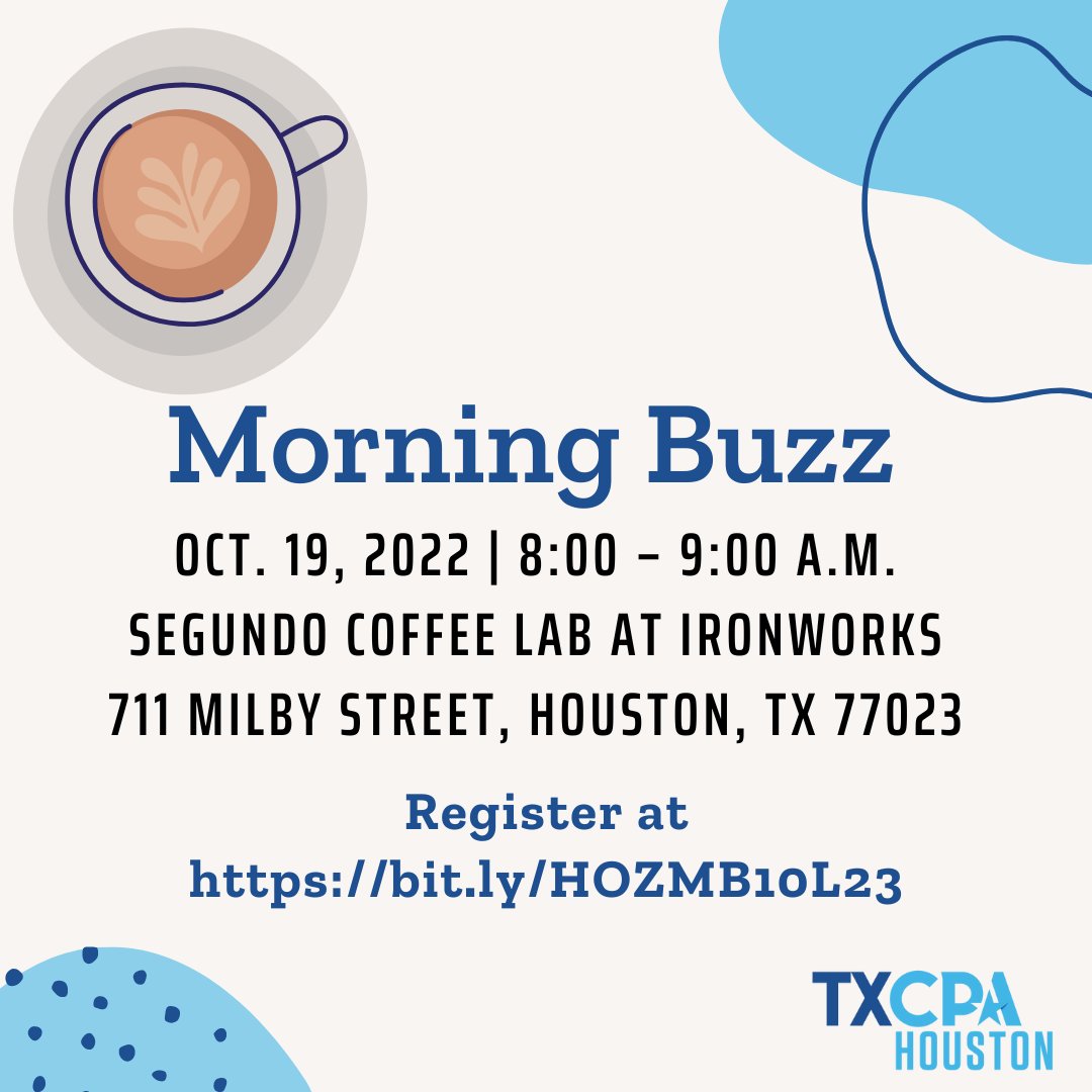 Grab your favorite morning beverage and a taco or pastry, and make some new business contacts! Whether you're a student, candidate, or professional, Morning Buzz is a great way to network.  
  
Register--bit.ly/HOZMB10L23