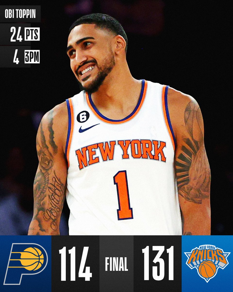 NBA's tweet photo. 🏀 #NBAPreseason FINAL SCORE THREAD 🏀
Obi Toppin's highlight dunks energized the @nyknicks in their win at The Garden!
Obi Toppin: 24 PTS, 4 3PM
RJ Barrett: 18 PTS, 4 3PM
Tyrese Haliburton: 20 PTS, 7 AST https://t.co/sl8k4BLh38