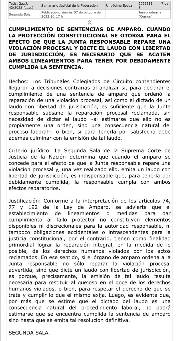 veroosornio's tweet photo. Cuando el amparo se concede para el efecto de q la Junta responsable repare una violación procesal y, una vez realizado ello, emita un laudo con libertad de jurisdicción, es indispensable q, para tenerla x debidamente cumplida, la responsable cumpla con ambos efectos reparatorios https://t.co/7OLae34XGn