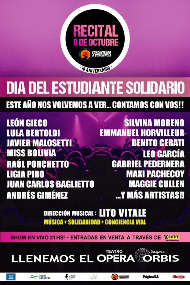 chequenblanco's tweet photo. #Chequeres…Mañana 8 de Octubre
DÍA NACIONAL DEL ESTUDIANTE SOLIDARIO
sumate con tu entrada, para que podamos seguir ayudando a las comunidades que mas lo necesitan.
TEATRO OPERA ORBIS
Entradas en @TicketekAr
@conduciendoCAC https://t.co/hEBkdCwZvG