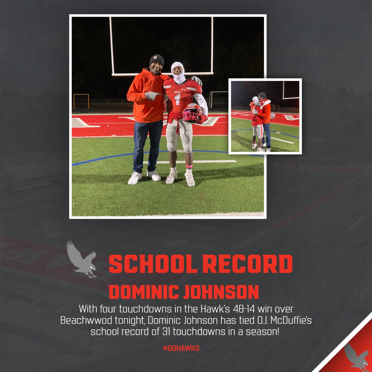 It was an honor to have <a href="/ojmcduffie81/">OJ McDuffie</a> with us tonight to celebrate Dominic Johnson who has officially tied his school record of 31 touchdowns in a season @hawkenfootball