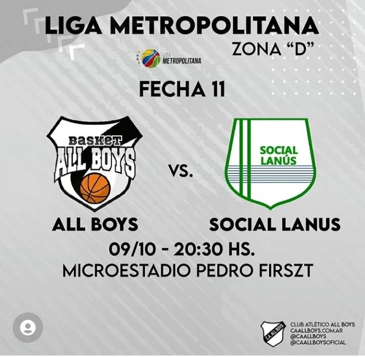 Amigos y Amigas el domingo tenemos nueva fecha de la #LigaMetropolitana
A partir de las 20:30hs enfrentamos a <a href="/sociallanusbasq/">Social Lanus basquet</a> .
Te esperamos para alentar a All Boys en su camino al #TorneoFederal 2023