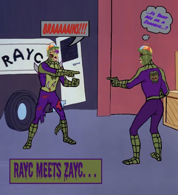 I just finished my #RAYCMeetsZAYC meme submission art, hopefully you all like it and can see where the idea came from off another iconic meme. <a href="/RareApepeYC/">Rare Apepes (Old Account)</a> <a href="/pepe_designer/">Rare Designer</a> <a href="/RAYC_ARMY/">RARE APEPE YC - POPs COLLECTION</a> 

This #NFT project is the best, get a RAYC before the Zombies come!