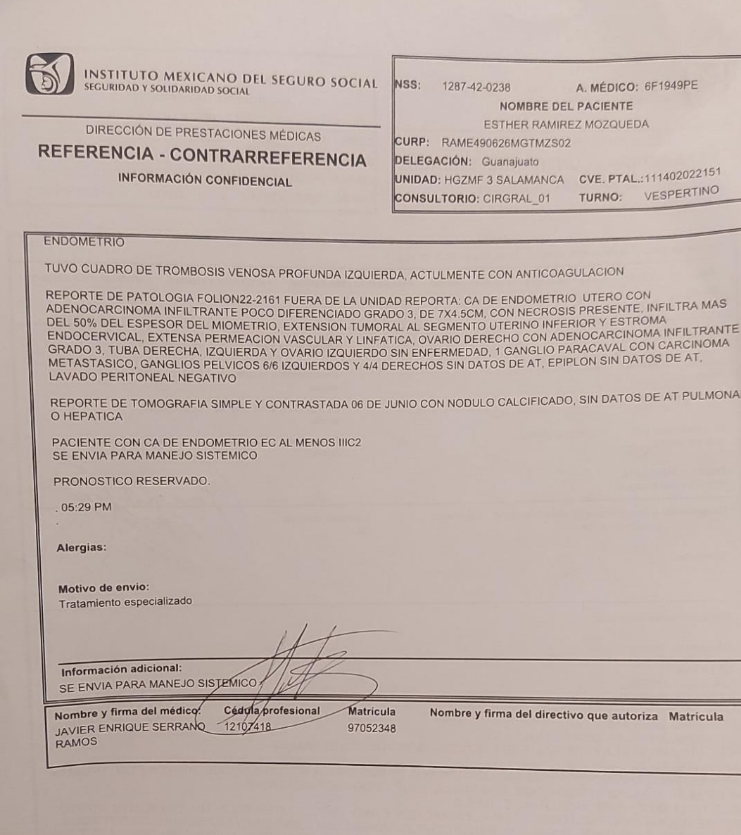 saolino's tweet photo. @zoerobledo Hola señor director, mi amiga tiene cáncer no ha sido posible su atención en el IMSS león,gto. a pesar de su envio de Salamanca en calidad de urgente desde 8 de septiembre, apoyo por favor, sentimos su apoyo para Esther Ramírez Mosqueda. https://t.co/2uvEwEk1CU