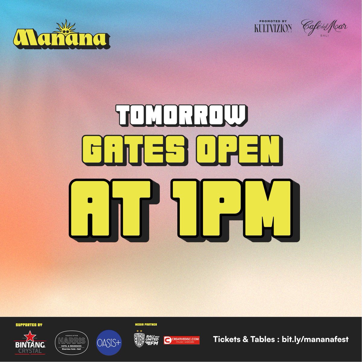 Gates are open tomorrow at 1 PM!

Get ready to soak in the sun and all the good vibes at Cafe Del Mar because every moment at Manana is sure to be unforgettable 💃🌴

Tickets &amp; RSVP : bit.ly/mananafest

#MananaBali2022