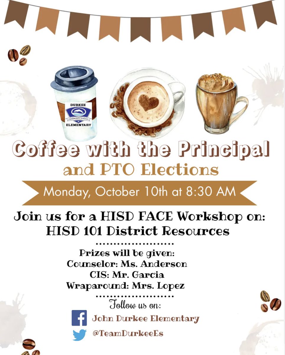 Erika Lopez (@lopezwraparound) on Twitter photo Join us for Coffee with the Principal this Monday October 10 at 8:30 A.M..
Únete a nosotros este lunes 10 de octubre a las 8:30 A.M café con la directora. <a href="/TeamDurkeeES/">Durkee Elementary</a> <a href="/AliciaPuente713/">Alicia Puente</a> Join us for Coffee with the Principal this Monday October 10 at 8:30 A.M..
Únete a nosotros este lunes 10 de octubre a las 8:30 A.M café con la directora. <a href="/TeamDurkeeES/">Durkee Elementary</a> <a href="/AliciaPuente713/">Alicia Puente</a>