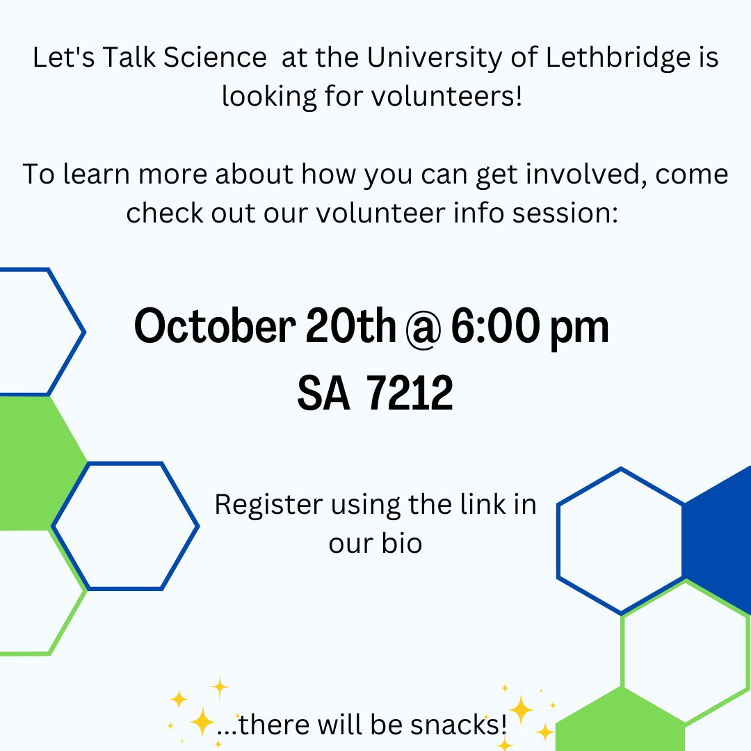 lts_lethbridge's tweet photo. Interested in sharing your love of STEM with youth across Southern Alberta? Let’s Talk Science ULeth is looking for volunteers!

If you are interested, come check out our info and orientation night October 20th!

Register here: https://t.co/fjhyxVqICE
or via the link in our bio https://t.co/V3f8nhbMIm