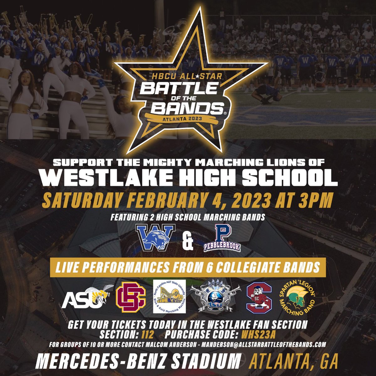 You do not want to miss this epic Battle of the Bands at Mercedes-Benz! Some of your favorite HBCU bands AND your Mighty Marching Lions to perform! Use the link and the code below to support the band. band.us/band/71358099/… #WeMarchAsOne #OneWestlake <a href="/OneWestlake/">Westlake Lions</a> <a href="/westlakelions/">Westlake High School</a>