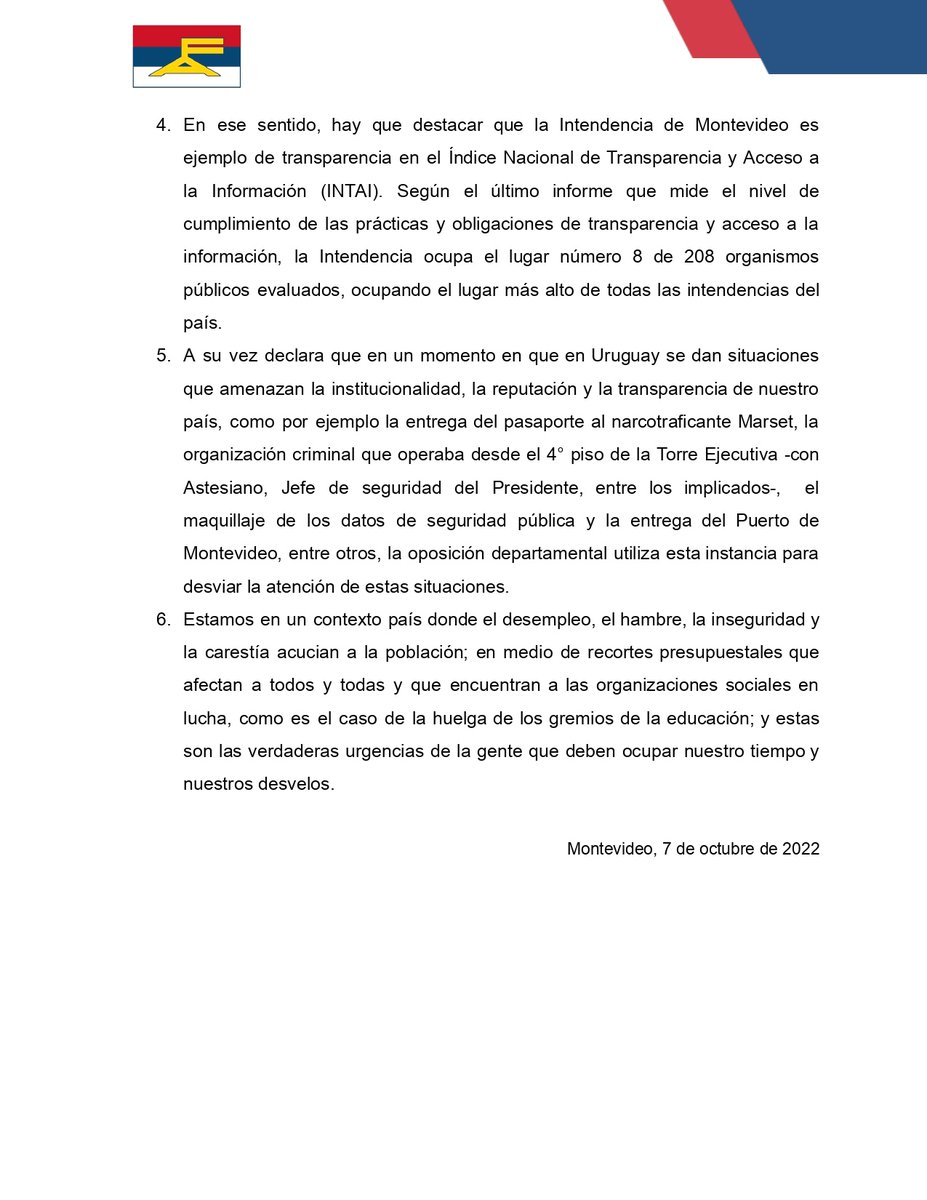 BancadaMvdFA's tweet photo. Declaración de la Bancada de edilas y ediles a propósito del juicio político impulsado por la oposición a la compañera Intendenta Carolina Cosse https://t.co/RZegxYcFJ6
