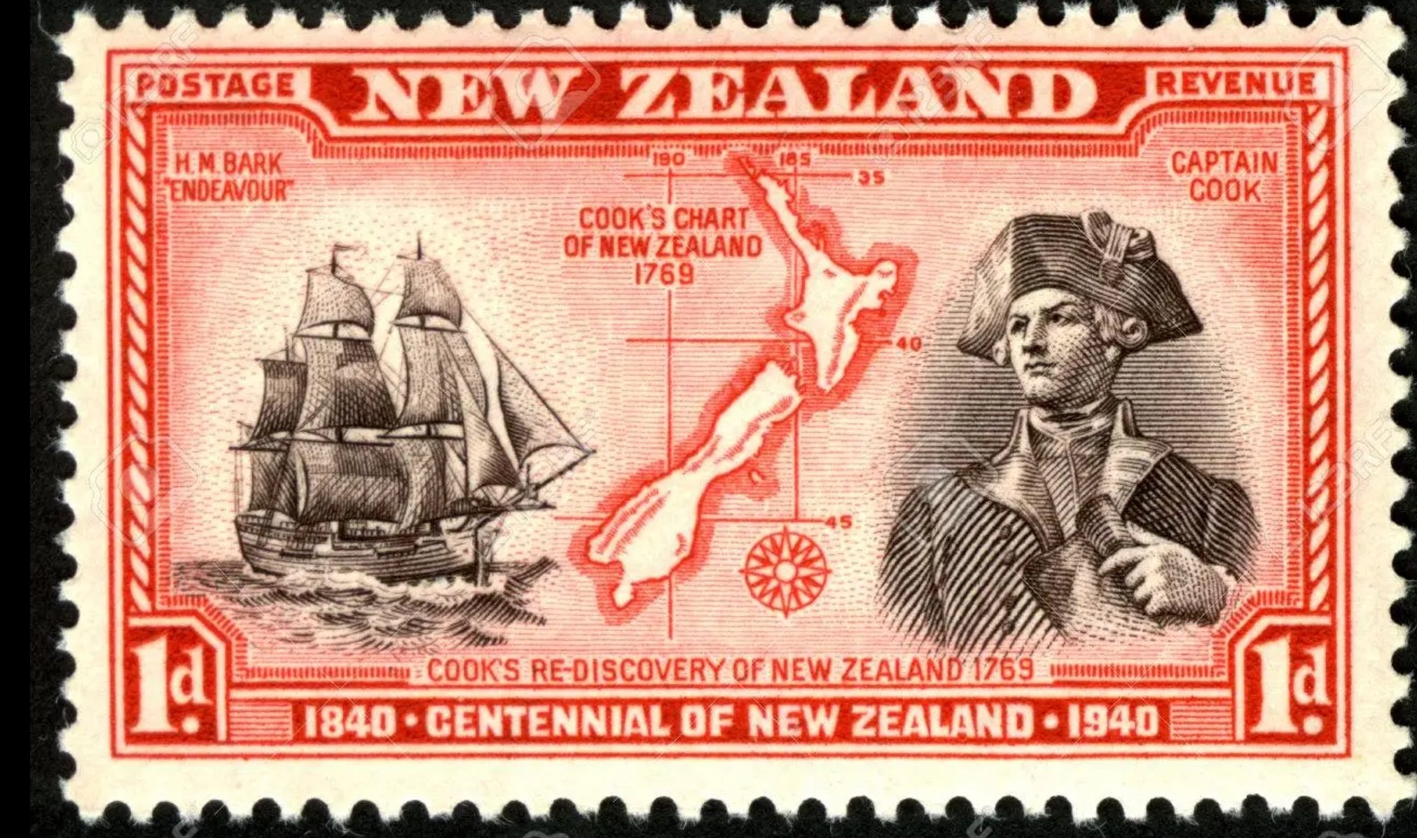 "New Zealand" Stamp portraying colonizer and a map of the land. 