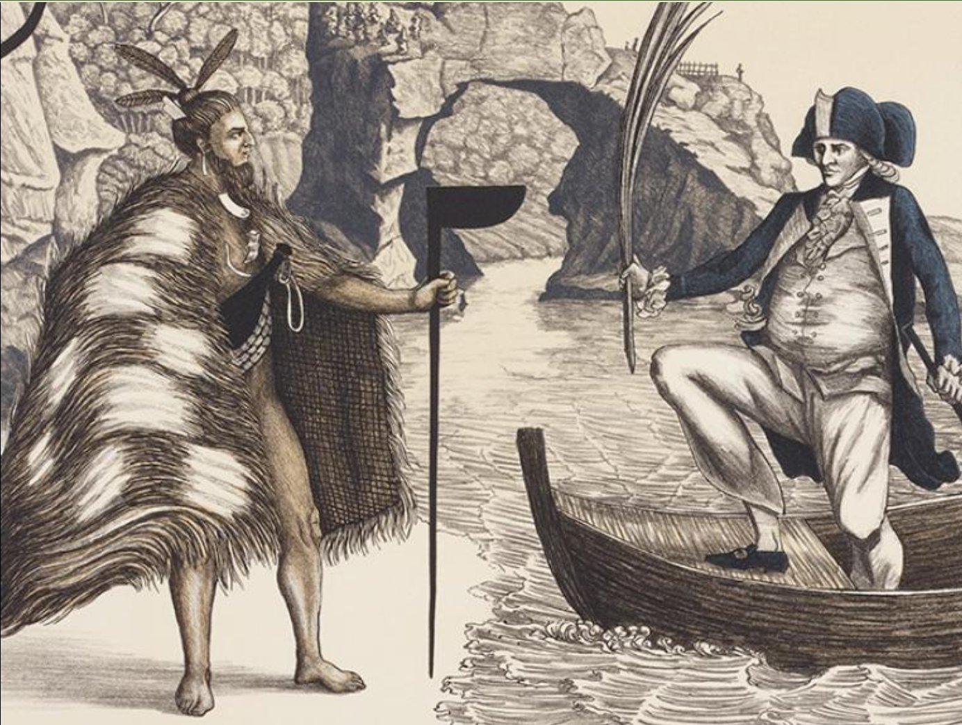 Illustration of colonizer invading Aotearoa and Māori in a rowboat. 