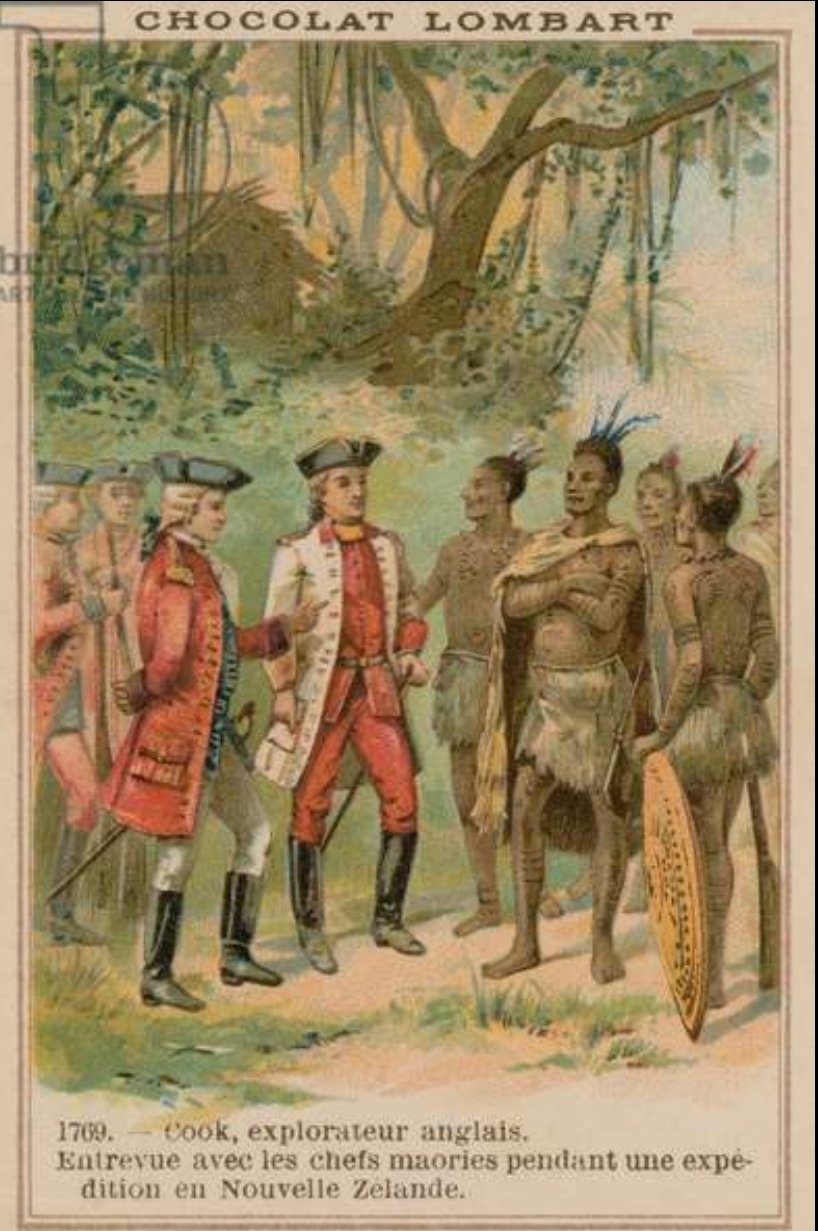 French picture card depicting colonizer interacting with Māori on Aotearoa soil