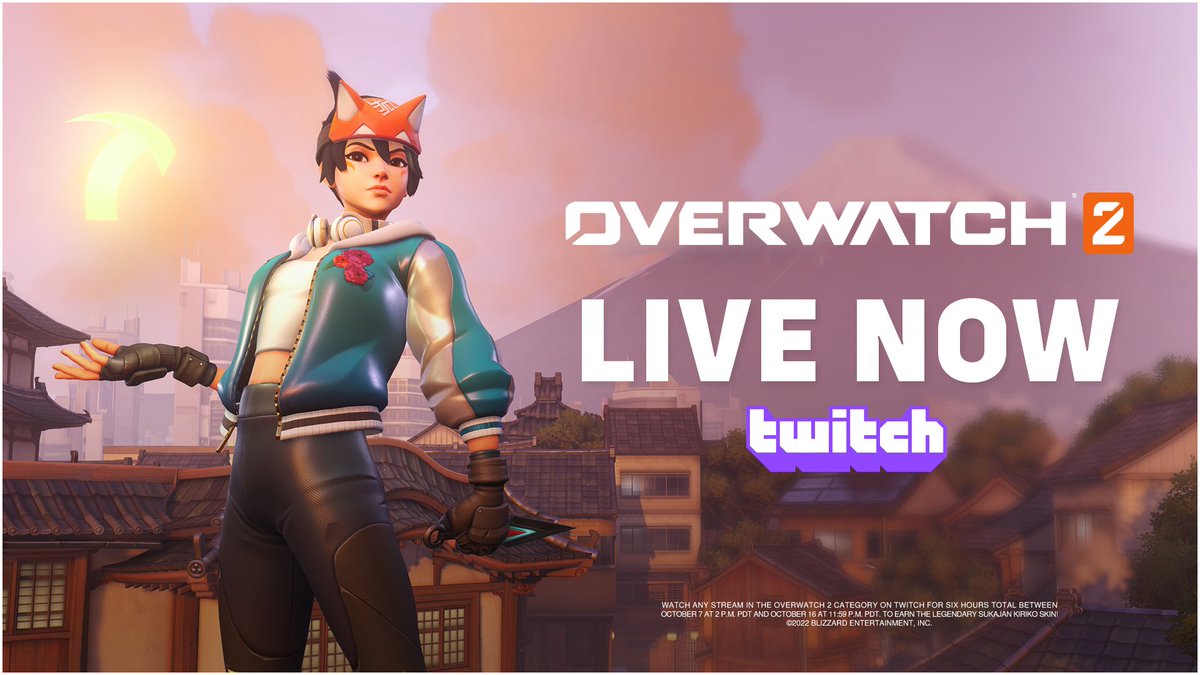 PlayOverwatch's tweet photo. 💜 Twitch Drops are Live Now 💜 

Watch epic #Overwatch2 gameplay to earn Sukajan Kiriko (Legendary) and Kiriko voice line now through Oct 16. 

✨ Read more on how to earn https://t.co/oCVUgAm0J4 https://t.co/XUBBWcz1F4