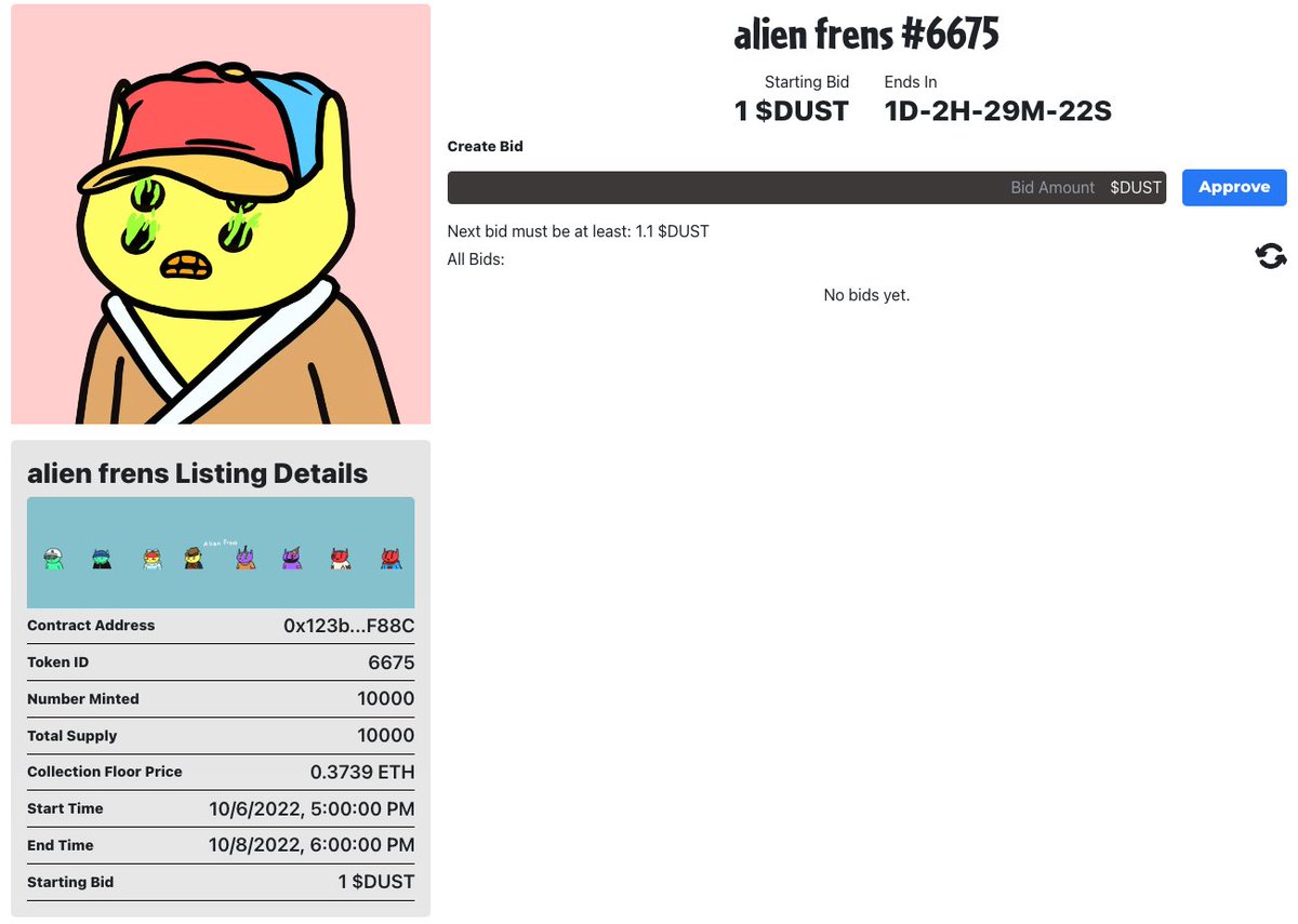 We swept up an extraterrestrial 🧹

An <a href="/AlienFrens/">alien frens</a> NFT is up for auction in the VAULT!

Stake your #Sweepers and save up $DUST for a chance to bid on this #alienfrens!

Only at SweepersClub.com 🧹

#NFTCollector #DAO #Bid2Win #NFTs
