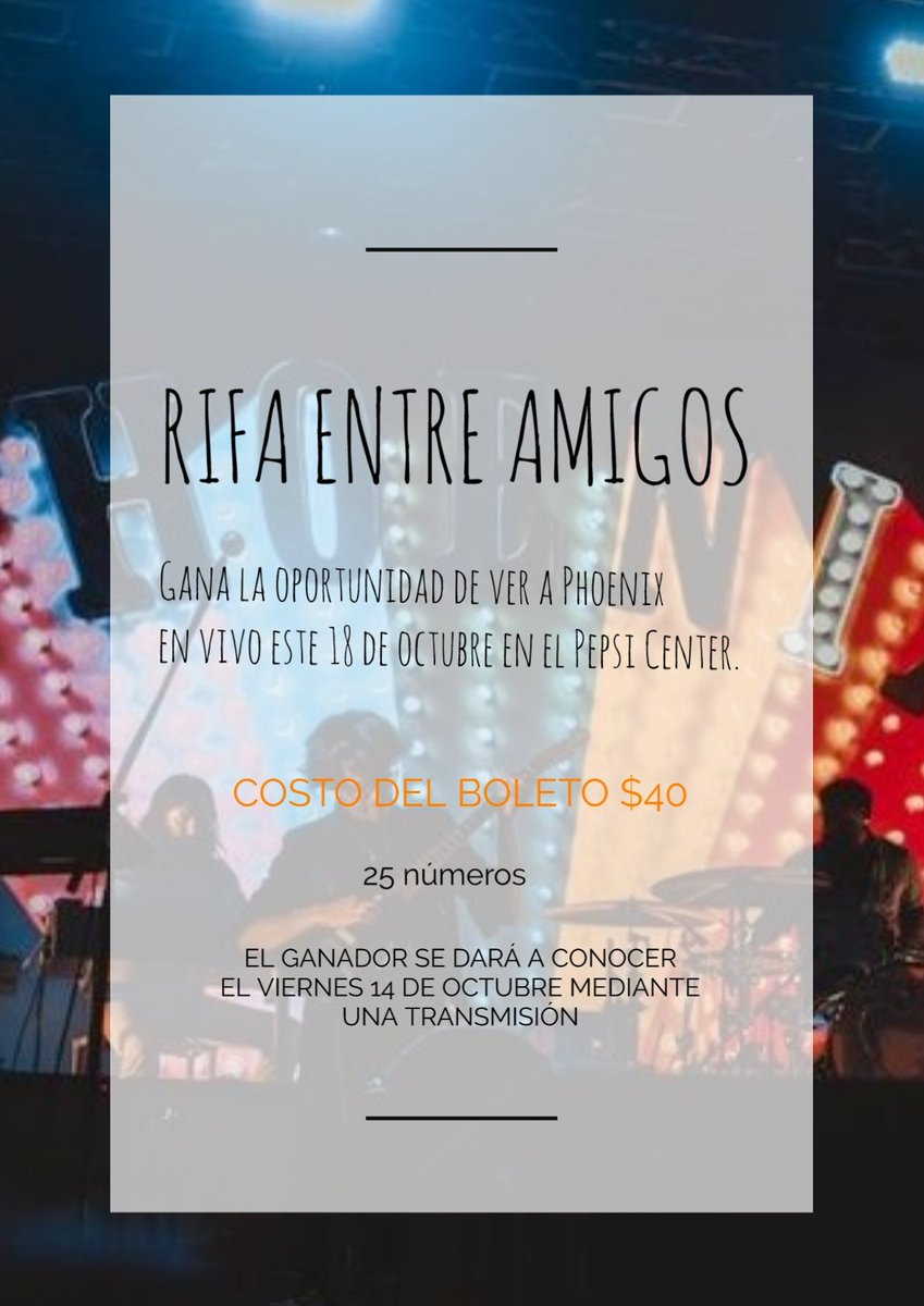 majozng's tweet photo. Hola amigos del tuirer, estoy rifando un boleto para ir a ver a Phoenix el 18 de octubre en el Pepsi Center. El boleto es en zona general y se los estaría enviando por paqueteria ❤️
Costo del númerito: $40
#cdmx #PhoenixBand #indiemusic #indierock #conciertos #ticketmaster https://t.co/tw4uEWCFBt
