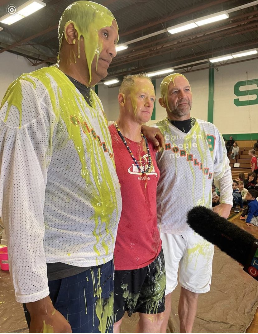 Tour de Rock team stopped at Shoreline. Our school community raised over $800. We were also lucky to have Chief Rob Thomas from Esquimalt Nation who donated additional $500 on behalf of the nations. Since we reached our goal we got to slime the admin &amp; our school liaison officer