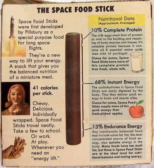 momofnorank's tweet image. I’ve just gone down a hilarious food history rabbit hole over Space Food Sticks, a real food-adjacent product of the space race age, brought to you by @NASA and @Pillsbury. As a #nutritionprofessional, I have #SOMANYQUESTIONS 🧵(1/)
