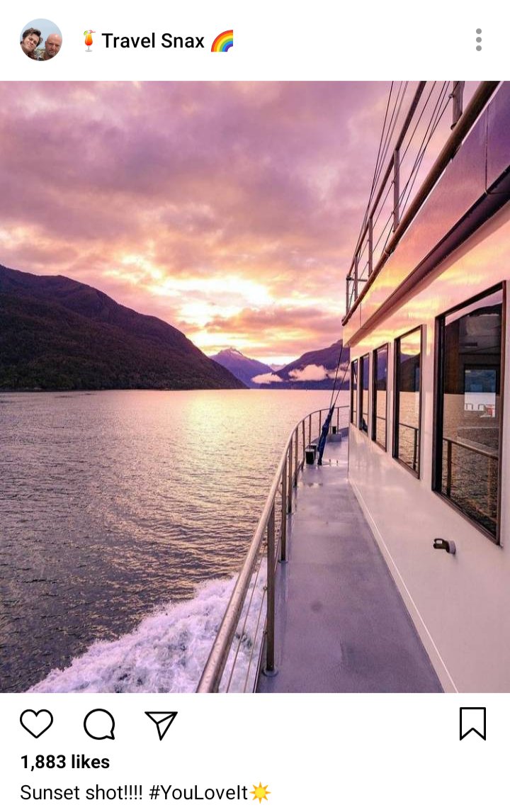 Lucius' IG: Image of Fiordland at Sunset. Caption reads 'Sunset shot! #YouLoveIt