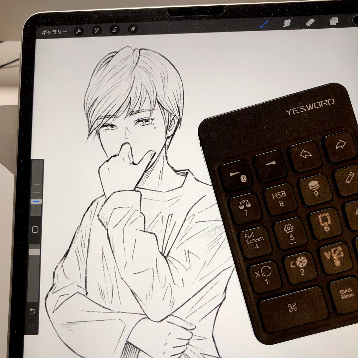 LatchSketch's tweet photo. 趣味絵途中。
#Procreate 用キーパッド #Yesword を使い始めて2週間。慣れてきた。フィンガージェスチャーのショートカットって、保護シート貼ってると反応悪かったりするから、デバイスで操作できる方が便利。でも、買った4日後に新作発売による既製品セールがあったのは悲しい😢 @yesword_japan https://t.co/xqSTzjtVvb