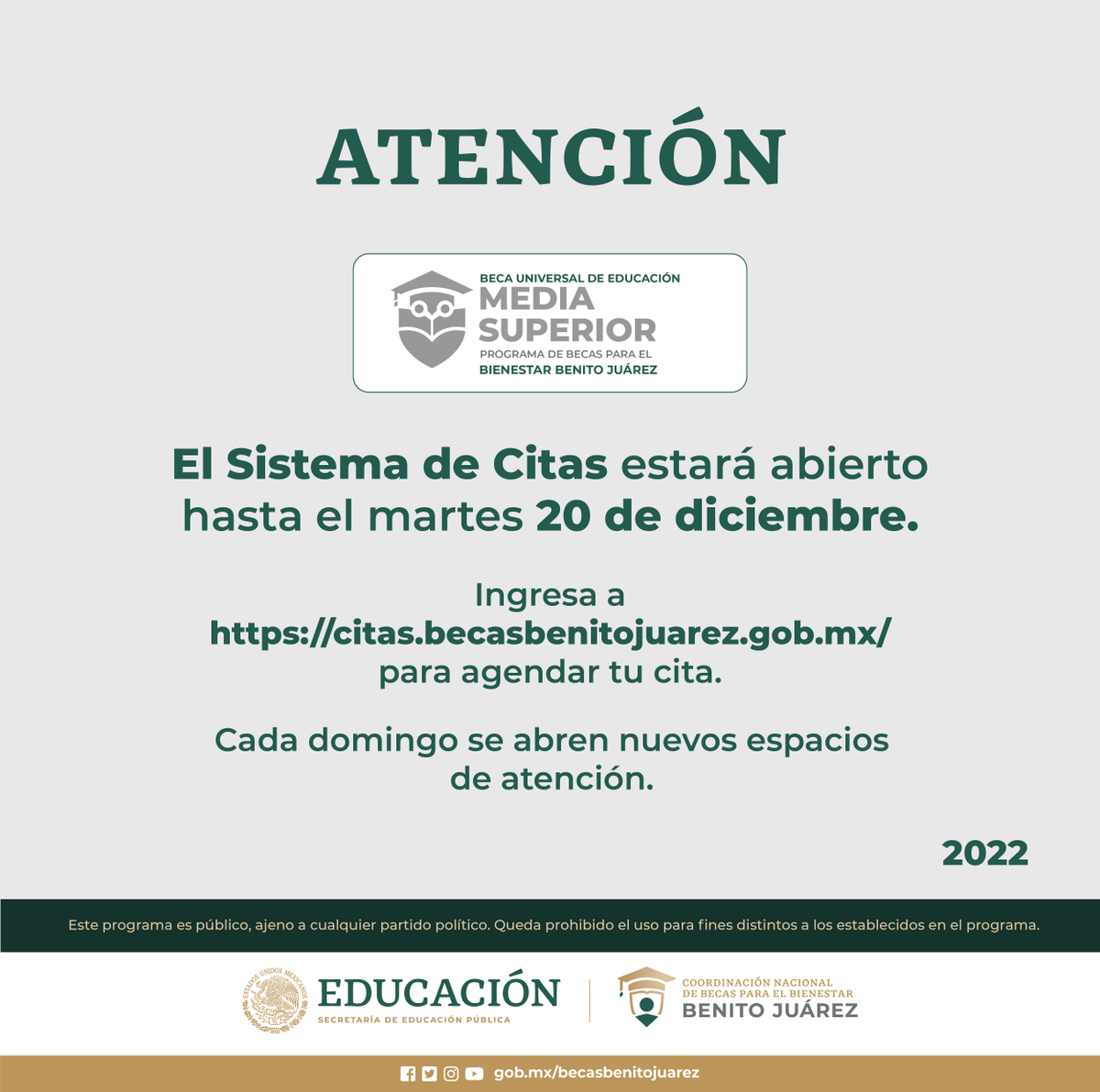 ⚠️🛑 Becaria y becario de #MediaSuperior🛑⚠️

¡Buenas noticias! ✨

El #SistemaDeCitas estará abierto hasta el martes 20 de diciembre.

Para agendar una cita entra a 👉 citas.becasbenitojuarez.gob.mx 

¿Tienes dudas? Consulta: bit.ly/SistemaDeCitas
