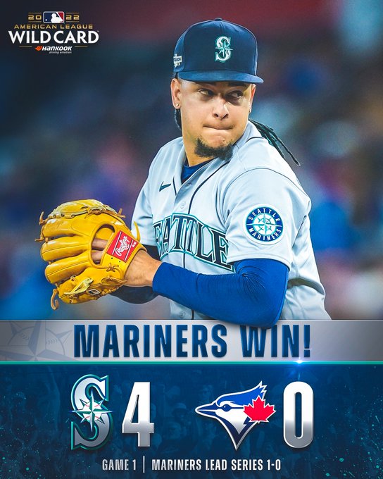 Mariners win Game 1! Final score: Mariners 4, Blue Jays 0. Mariners lead series 1-0.