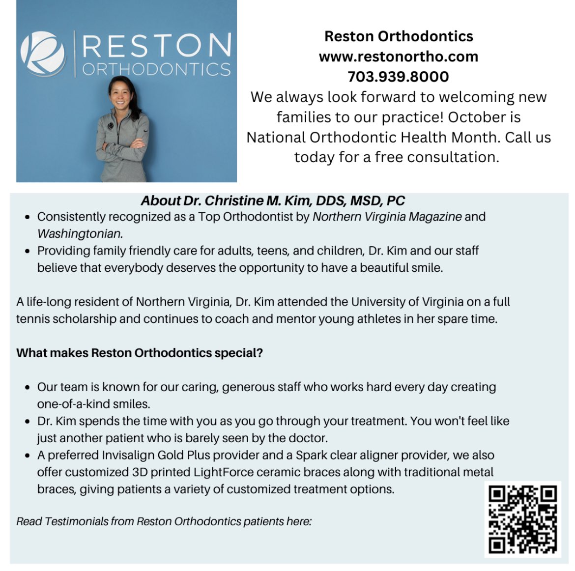 RCMS_PTA's tweet photo. October is National Orthodontic Health Month!  

We would like to highlight Dr. Kim at Reston Orthodontics for their continue support of RCMS PTA! https://t.co/OconEYQmf2