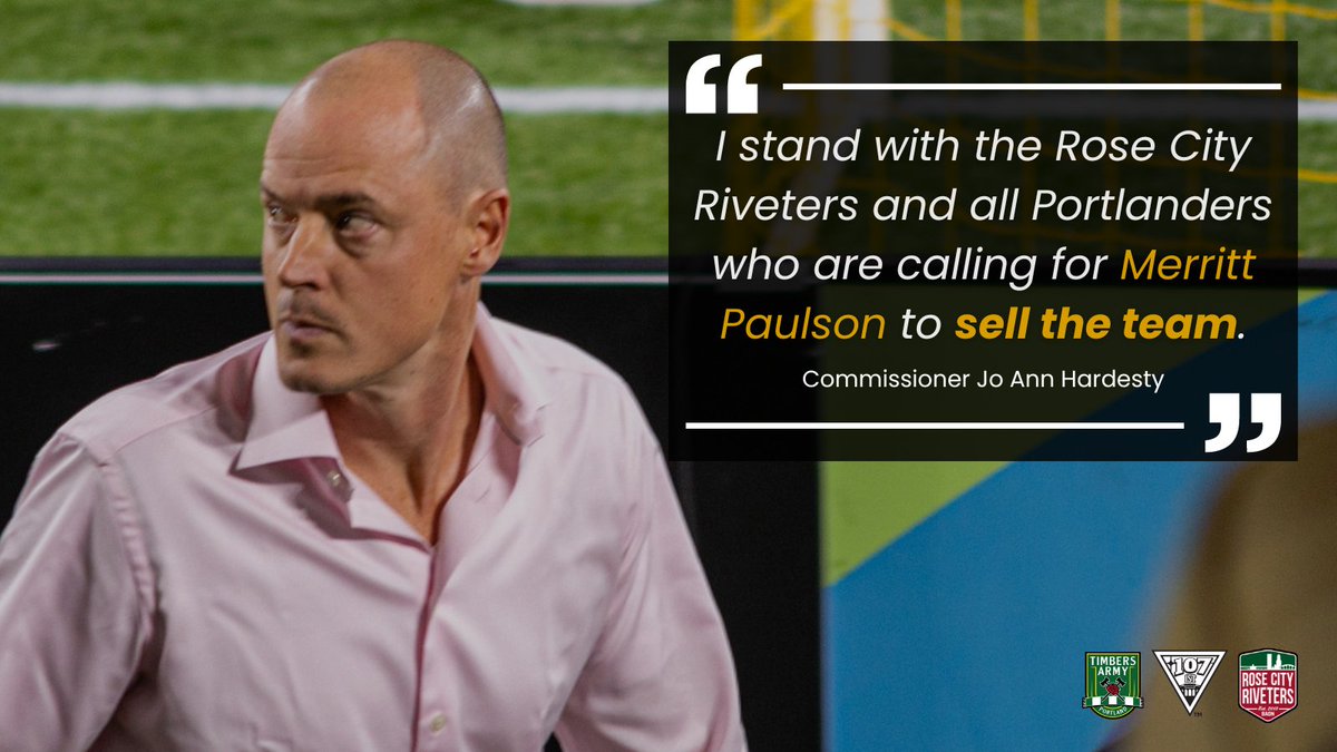 timbersarmy's tweet photo. "I stand with the Rose City Riveters and all Portlanders who are calling for Merritt Paulson to sell the team." - @JoAnnPDX 

City council members @CommRubio and @DanRyanPDX agree. Merritt Paulson must sell the clubs. 

#RCTID #BAONPDX #CutTheRotOut 

https://t.co/aFOfRfBsJL https://t.co/AdzanxuonW