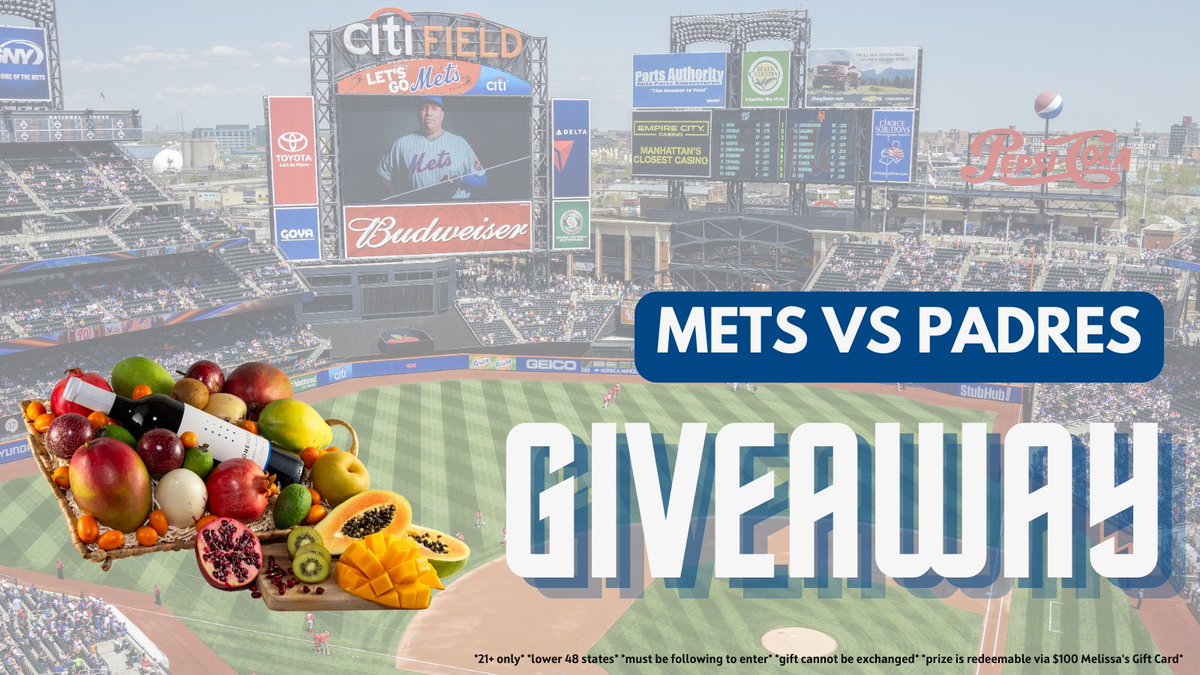 A Melissa’s partner #postseason matchup between the @Mets & @Padres calls for a #giveaway! Enter our #WildCard giveaway for a chance to win a gift basket: ⚾️ RT & like this post ⚾️ Reply with either #LGM or #TimeToShine ⚾️ Tag your baseball buddy! #MelissasProduce @CitiField