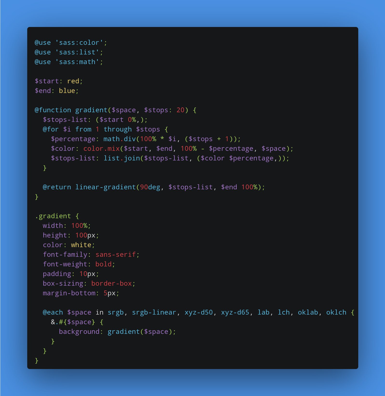 Sass on Twitter: "Exciting stuff is brewing in the word of color spaces... each of these gradients uses the CSS color interpolation algorithm, but they're all rendered in Chrome 106 with no Sass on Twitter: "Exciting stuff is brewing in the word of color spaces... each of these gradients uses the CSS color interpolation algorithm, but they're all rendered in Chrome 106 with no