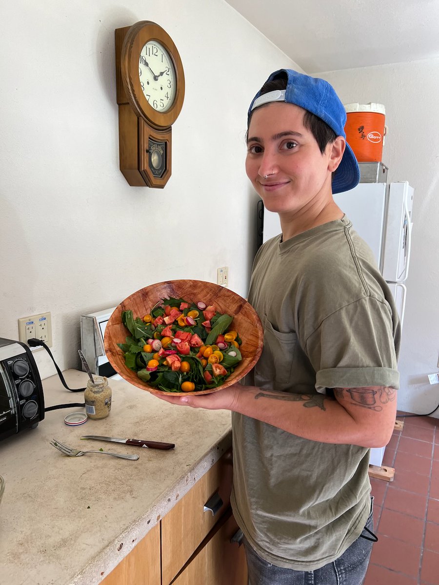 NhsMerritt's tweet photo. Today, my students (Micah pictured here) had their first in-class salad of the fall semester, made entirely with crops from the garden! Salad days are back, NHSers! @MerrittCollege #farmtotable #farmtofork #saladdays https://t.co/Z8blKsp5gU