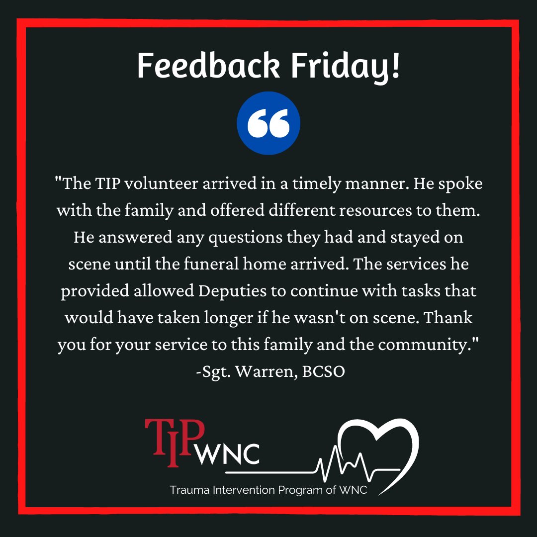 TIPofWNC's tweet image. We received feedback from @BuncombeSheriff
for this week's #FeedbackFriday!

#buncombecounty #hendersoncounty #transylvaniacounty #tip #tipofwnc #traumainterventionprogram #citizenshelpingcitizensincrisis #takecareofothers #volunteer #avl #wnc #volunteer #community #giveback