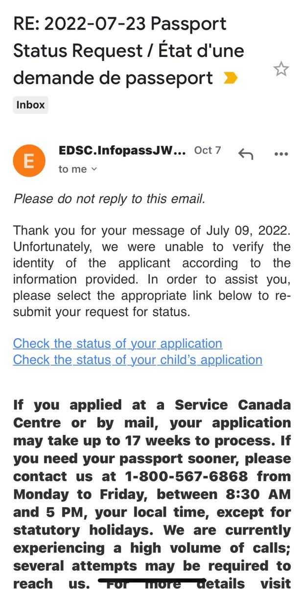 ironballs79's tweet photo. @PassportCan How useless is @passportcan ? I applied on May 10 and the website said it will take UP TO 8 WEEKS before i receive it in the mail, then followed up on July 9. just got their response on Oct 7. SHAMELESS &amp; USELESS. https://t.co/7MOMFqE24c