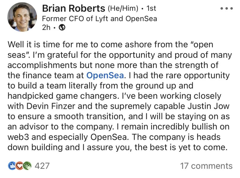 wab.eth on X: BREAKING: BRIAN ROBERTS CFO OF @opensea REPORTEDLY STEPS  DOWN FROM LEADING NFT MARKETPLACE  / X