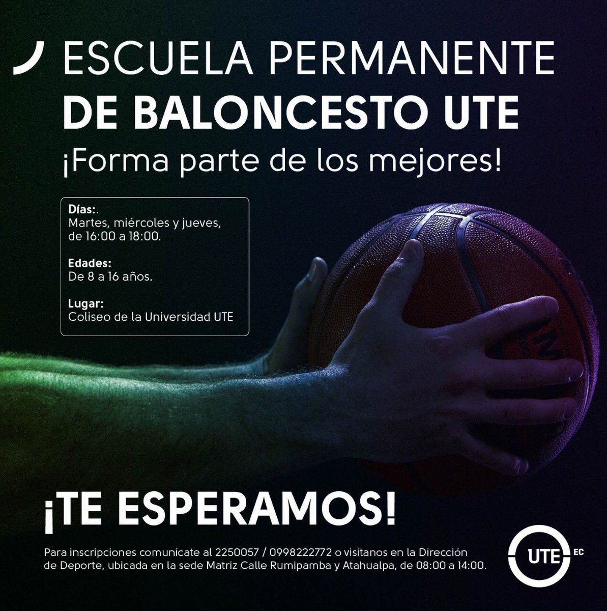 UTEoficial's tweet photo. #UTEDeportes| Inscribe a tus hijos en nuestra escuela permanente de baloncesto junto al entrenador John Romo, exseleccionador de Ecuador 🇪🇨 y Pichincha. Entrenarán en un espacio seguro y disfrutarán de su tiempo libre.🏀⛹️‍♀️⛹️‍♂️⛹️
✔️Para más información ⬇ https://t.co/Zylu7AO4nd