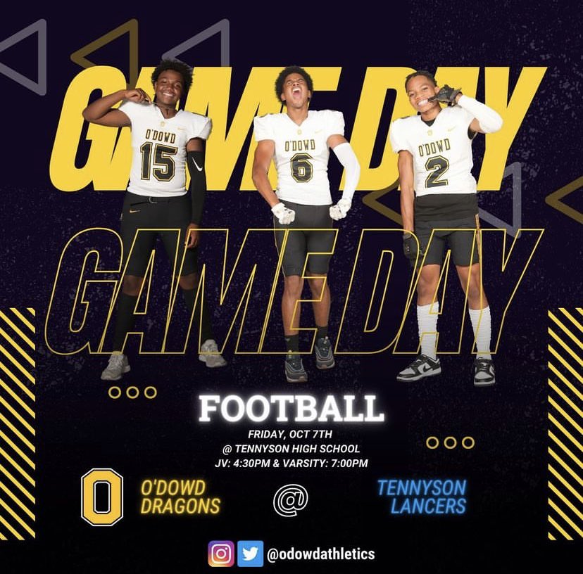 ODowd_FB's tweet photo. WE GOT ACTION!!! ⚫️ 🟡 Tonight's game is against Tennyson (at Tennyson High School). JV at 4:30 pm &amp; Varsity at 7:00 pm 🐲🔥🔥🔥🔥🔥🔥🔥🔥🔥🔥🔥🔥🔥🔥🔥🔥🔥🔥🔥🔥 https://t.co/J5bA7SOmZv