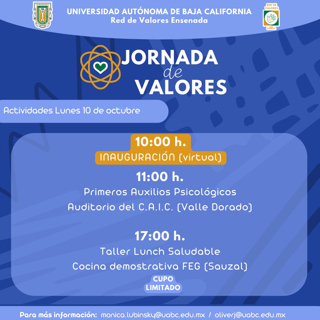 UabcEnsenada's tweet photo. La Red de Valores Ensenada UABC te invita a la "Jornada de Valores" del 10 al 24 de octubre de 2022. 
Cada actividad es válida para un sello de 8-1.

Consulta el programa. 

Informes:
monica.lubinsky@uabc.edu.mx 
oliverj@uabc.edu.mx https://t.co/sA3nLjXLzK