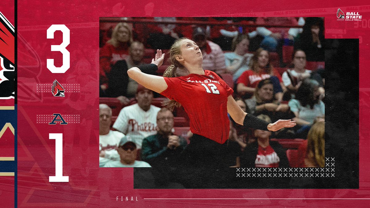 BallStateWVB's tweet photo. Led by a career-high 15 kills from @caitsnyd, we open the weekend with a 3-1 #VICTORY over Akron

We hit .326 as a team, adding 12 total blocks an limiting the Zips to a .085 hitting mark

Back at it tomorrow at 6p vs. Buffalo

#ChirpChirp x #WeFly x #MACtion https://t.co/lV9yi0Jt3Z