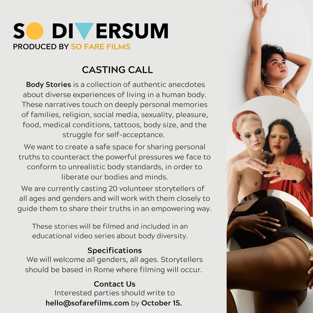 Are you in Rome and ready to tell your story? Please reach out to us!

#IndependentFilm #Casting #castingcall #Storytelling #SpeakingTruthToPower #ProductionCompany #DiversityStories #BodyStories #BodyDiversity #LoveIsLove #GirlBoss #Rome #indiefilm