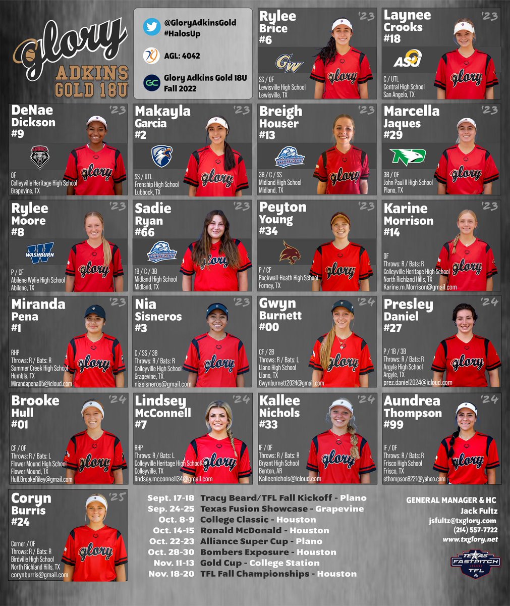 Roster drop! #HalosUp 

<a href="/texasgloryadkin/">Glory Adkins Softball</a> <a href="/ExtraInningSB/">EXTRA INNING SOFTBALL</a> <a href="/Gosset41/">Brian Gosset</a> <a href="/KennyMatthews/">Kenneth 🇺🇸⭕️U 🧬🙌🏾</a> <a href="/DFWfastpitch/">DFW Fastpitch</a> <a href="/BrenttEads/">Brentt Eads</a> <a href="/TFLfastpitch/">Texas Fastpitch League</a> <a href="/thealliancefp/">The Alliance Fastpitch</a> <a href="/AthletesGoLive/">AthletesGoLive</a> <a href="/MWelchSLM/">Matt Welch</a>