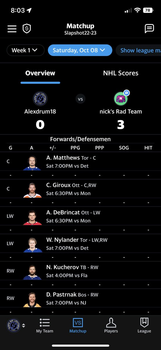 Alexdrum18's tweet photo. @YahooFantasyCC The my team page is not showing who is playing for the day which makes it difficult to know which players to start. But the matchup is showing it. Pics for example https://t.co/2sfCeUKxut