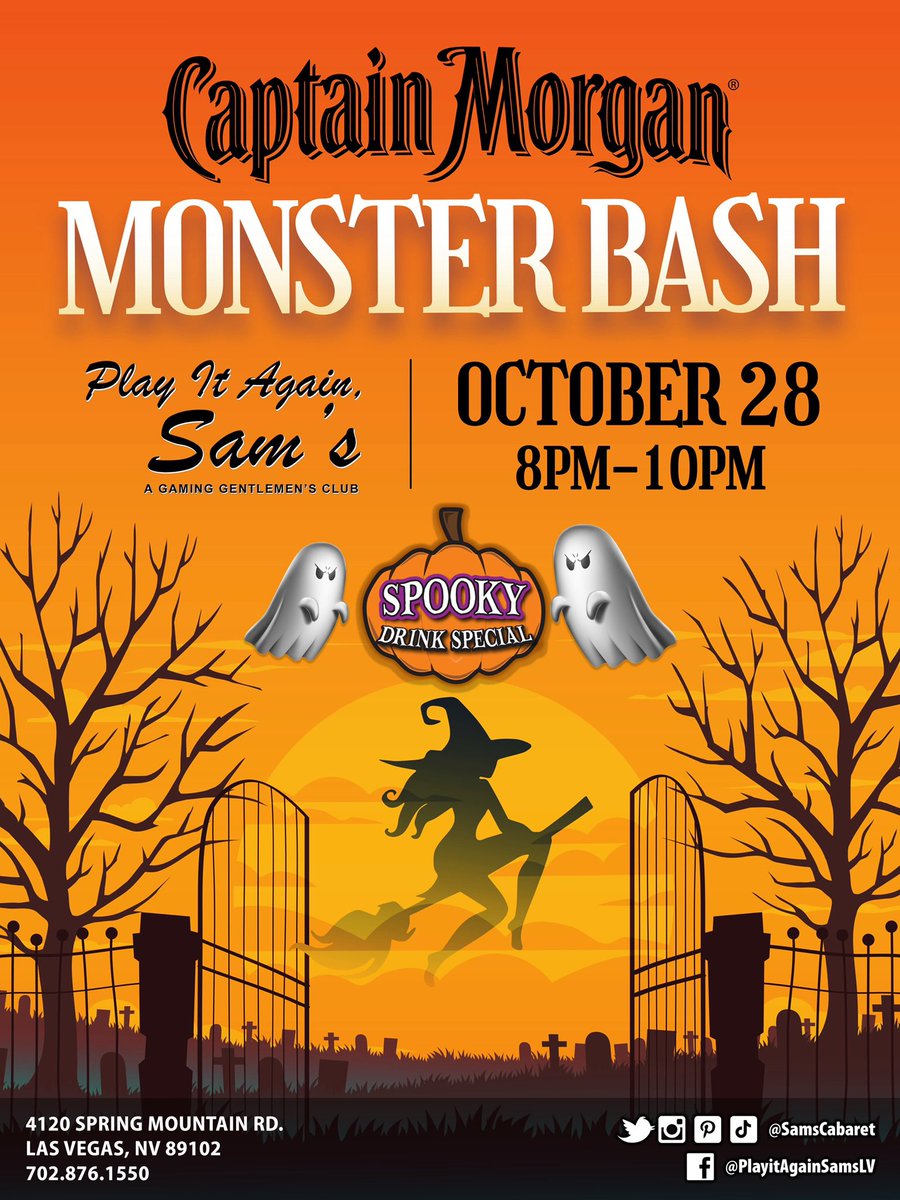CaliEdub's tweet image. Mark the date! Come get your pre-Halloween party on with Play It Again Sam and Captain Morgan! Local never pay a cover charge. #LasVegas #gentlemansclub @SamsCabaret