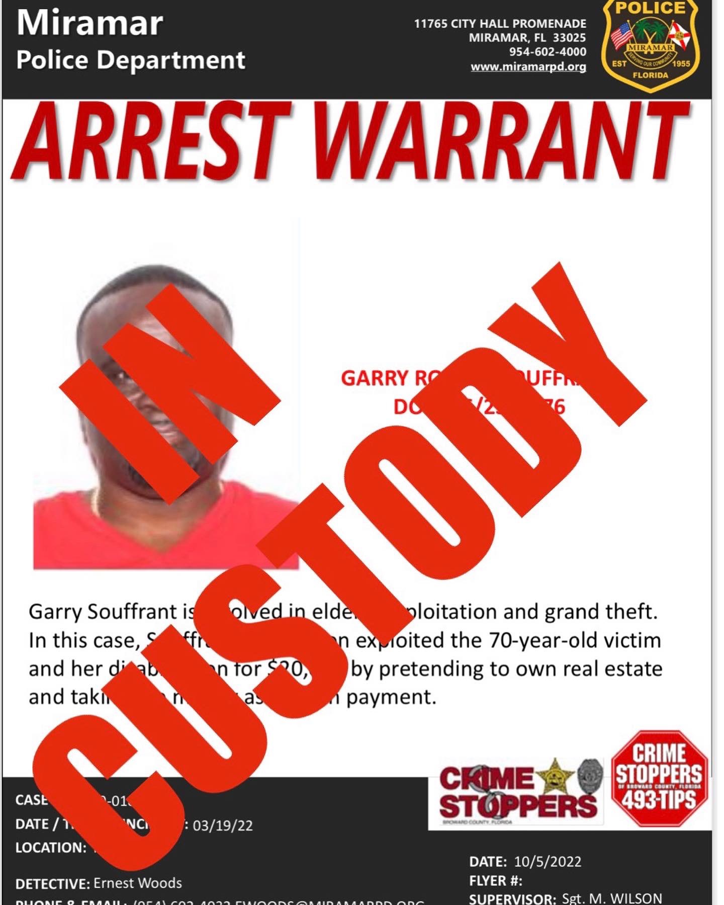 Miramar police on twitter update garry souffrant is in custody