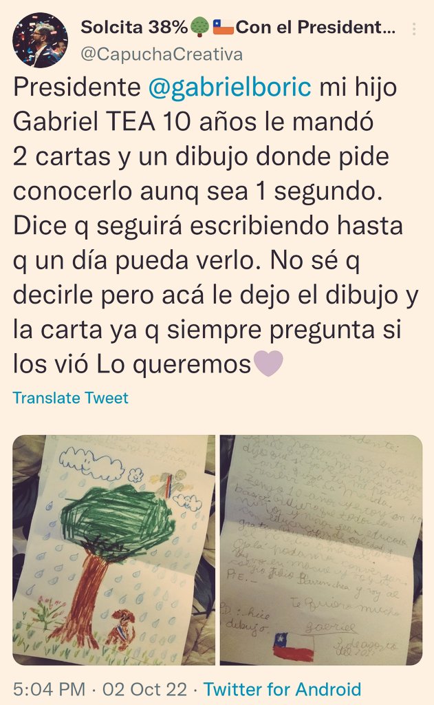 Twitter haz lo tuyo...  1000 RT para que el presidente @gabrielboric reciba al hijo de <a href="/CapuchaCreativa/">💜Estrella de Mar💙</a> que pregunta todos los días por él.
