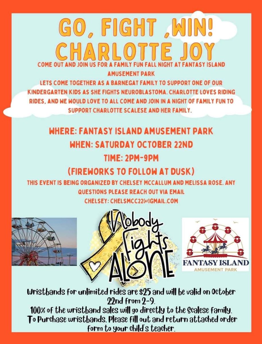 The mission of this event has ALWAYS been to about community.  So it is only right to make sure that attendees can also support other causes.  We are thrilled to announce that wristbands to Fantasy Island will be sold at the Color Run to support Charlotte Joy!  #Neuroblastoma