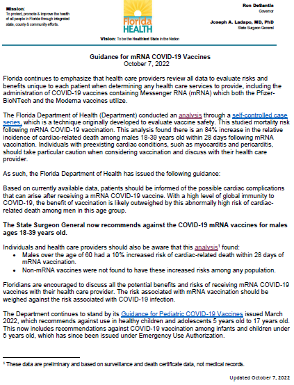 BREAKING: From Florida Department of Health, 'The State Surgeon General now recommends against the COVID-19 mRNA vaccines for males ages 18-39 years old.' bit.ly/3fTMjDh