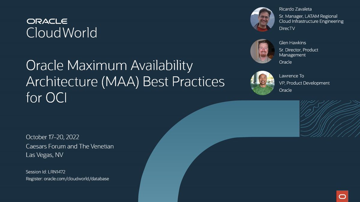 Glen Hawkins (@hawkinsg1) on Twitter photo For those coming to #Oracle #CloudWorld, I will be presenting a session focused on <a href="/OracleMAA/">Oracle MAA PM</a> including the latest additions and updates to our #MAA reference architecture tier blueprints alongside key #HA & #DR tips, tricks, and best practices.
tinyurl.com/4j82mmht For those coming to #Oracle #CloudWorld, I will be presenting a session focused on <a href="/OracleMAA/">Oracle MAA PM</a> including the latest additions and updates to our #MAA reference architecture tier blueprints alongside key #HA & #DR tips, tricks, and best practices.
tinyurl.com/4j82mmht