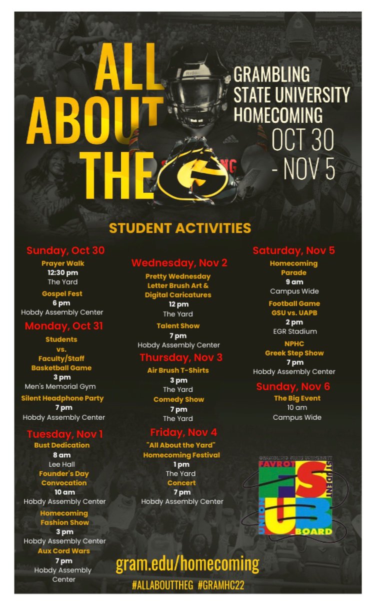 WhatsUpwithFSUB's tweet photo. #GramFam It’s “All About The G” during HOMECOMING Time‼️Here is a glimpse of what will be happening the week of Oct.30-Nov.6🐯 #ALLABOUTTHEG
#GRAMHC22 https://t.co/hXWbUftipA